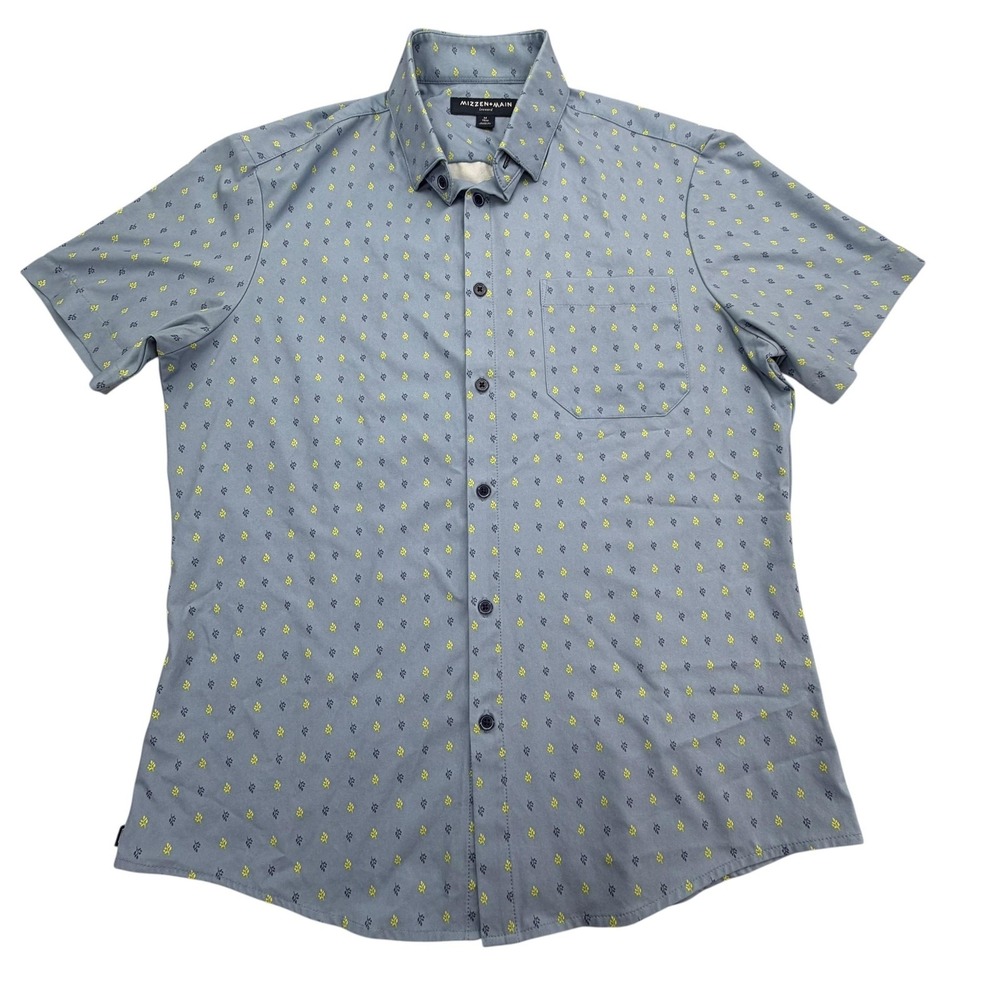 Mizzen+Main Shirt Mens M Blue Short Sleeve Button Up Floral Slim Fit Leeward